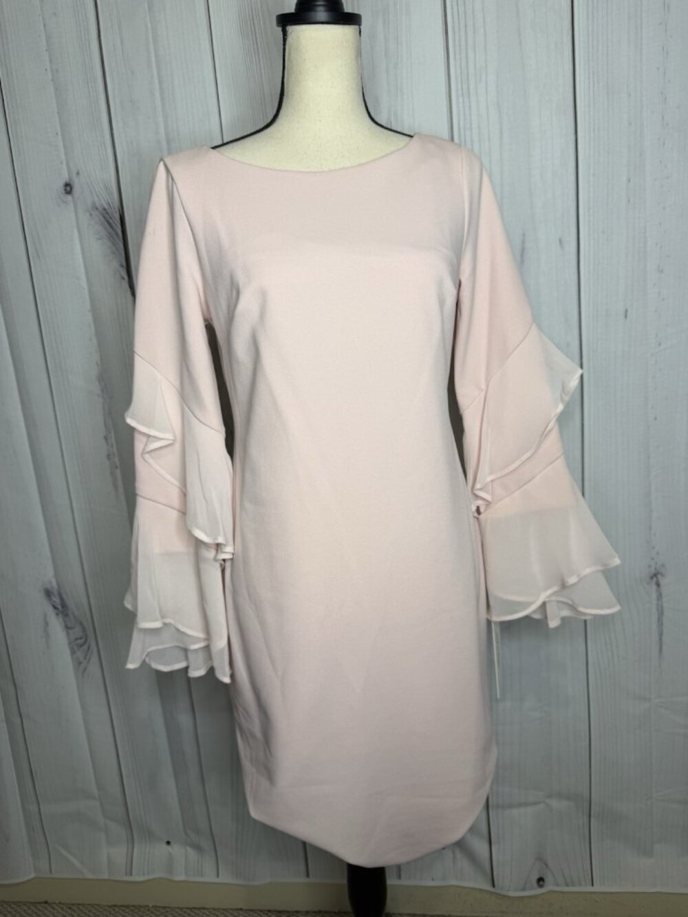 Calvin Klein Light Pink Tiered Dress Sz 10 NWT Sheath Ruffled Bell Sleeve Midi